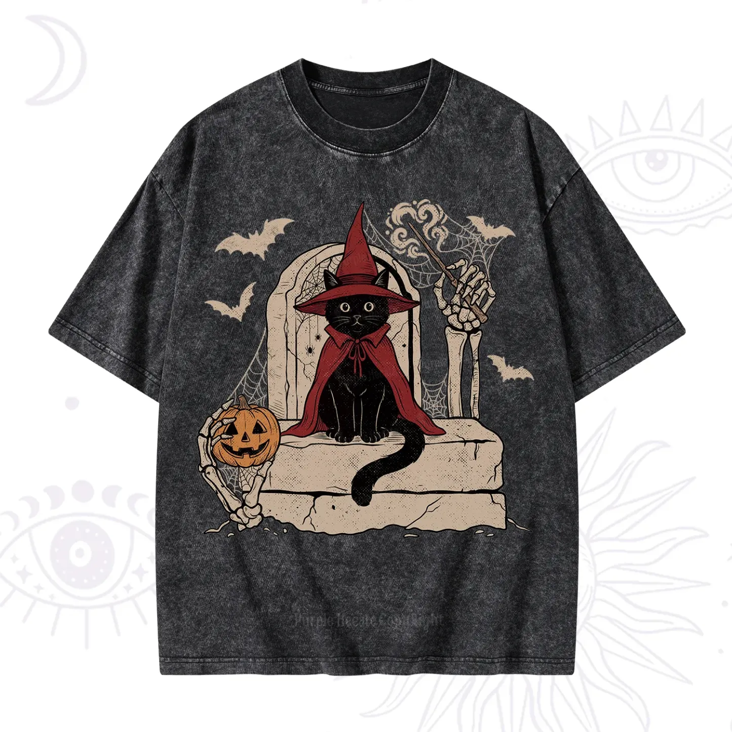 Purplehecate Wizard Black Cat on the Tombstone Halloween Washed T-Shirt