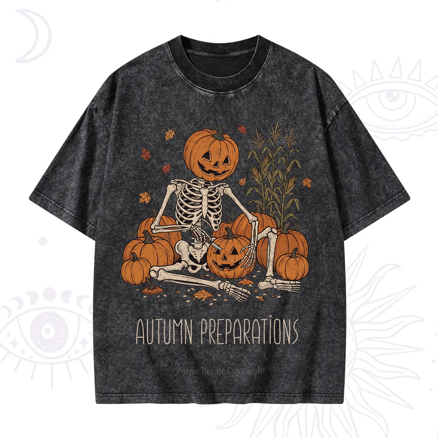 Purplehecate Autumn Preparations Pumpkin Skeleton Washed T-Shirt