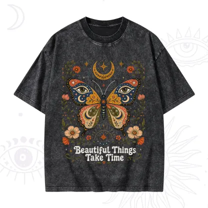 Purplehecate Beautiful Things Take Time Butterfly Washed T-Shirt