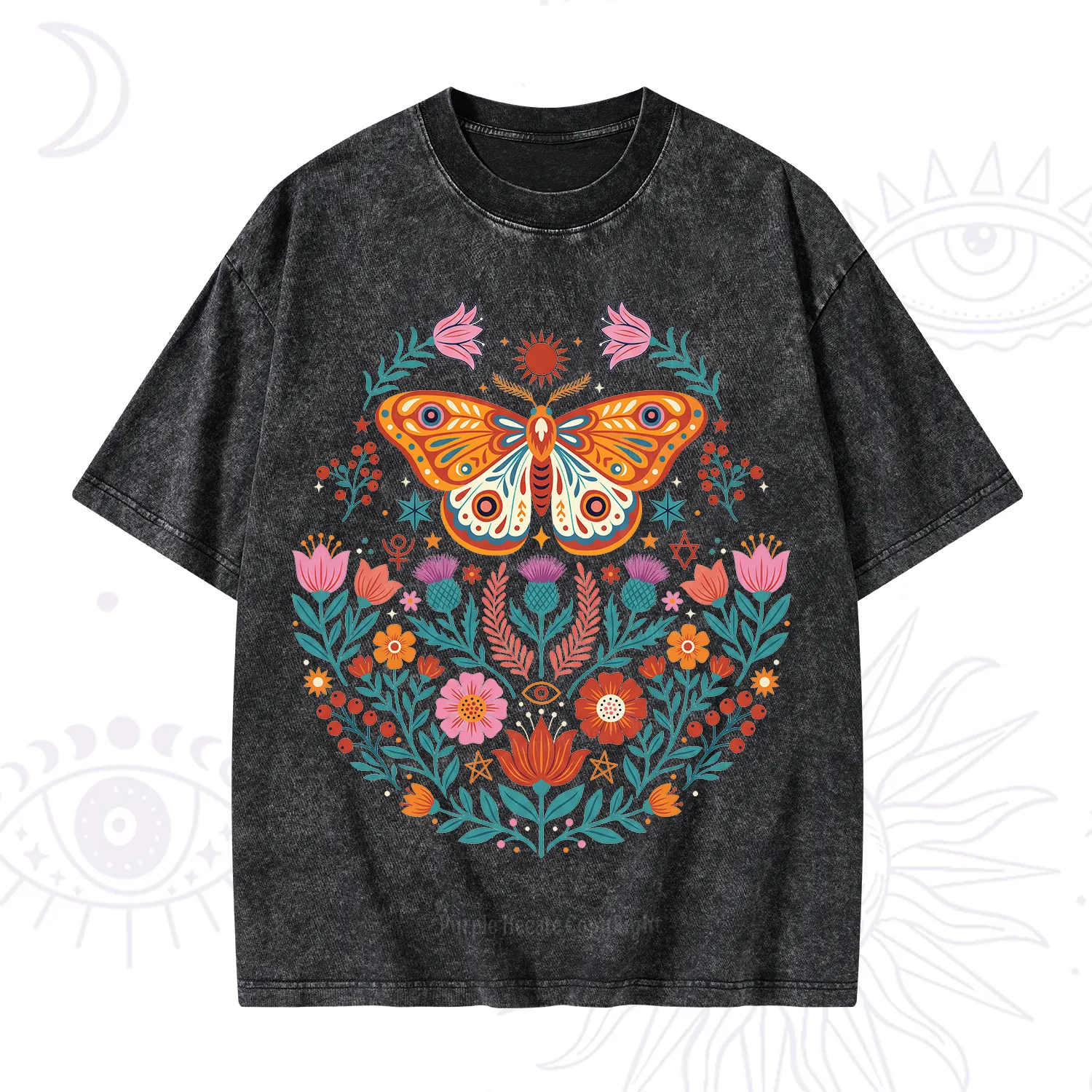 Purplehecate Boho Colorful Celestial Moth Washed T-Shirt