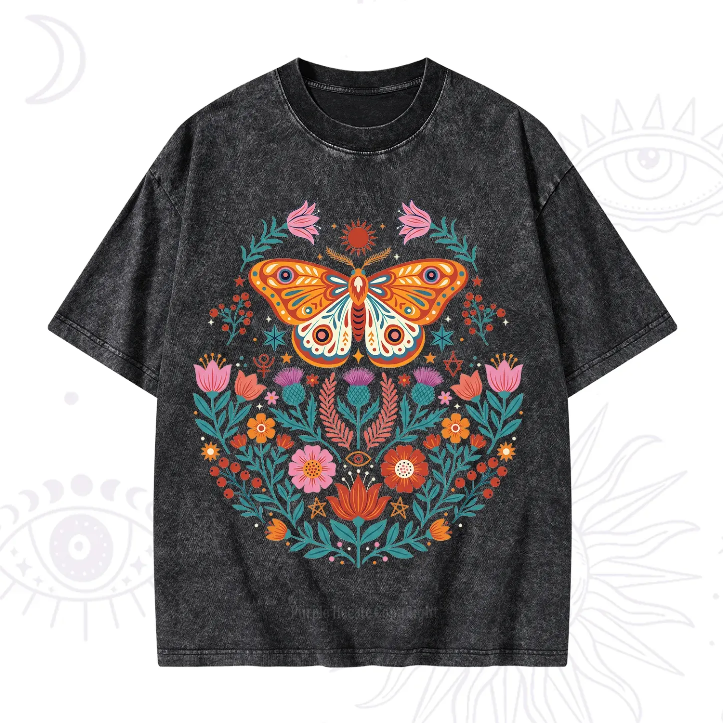 Purplehecate Boho Colorful Celestial Moth Washed T-Shirt