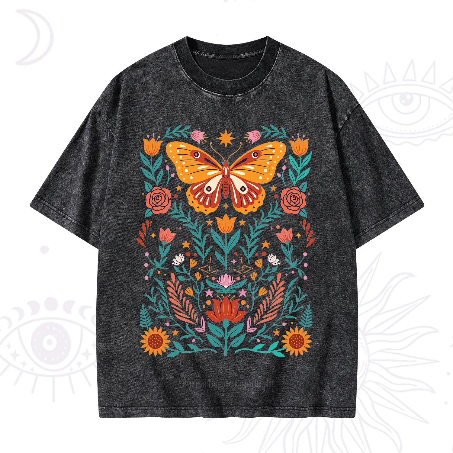 Purplehecate Boho Colorful Celestial Butterfly Washed T-Shirt