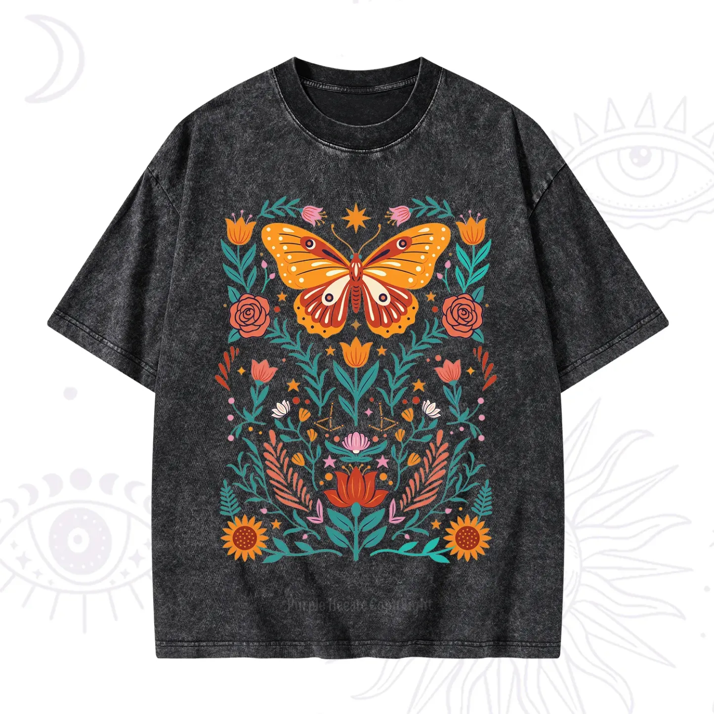 Purplehecate Boho Colorful Celestial Butterfly Washed T-Shirt