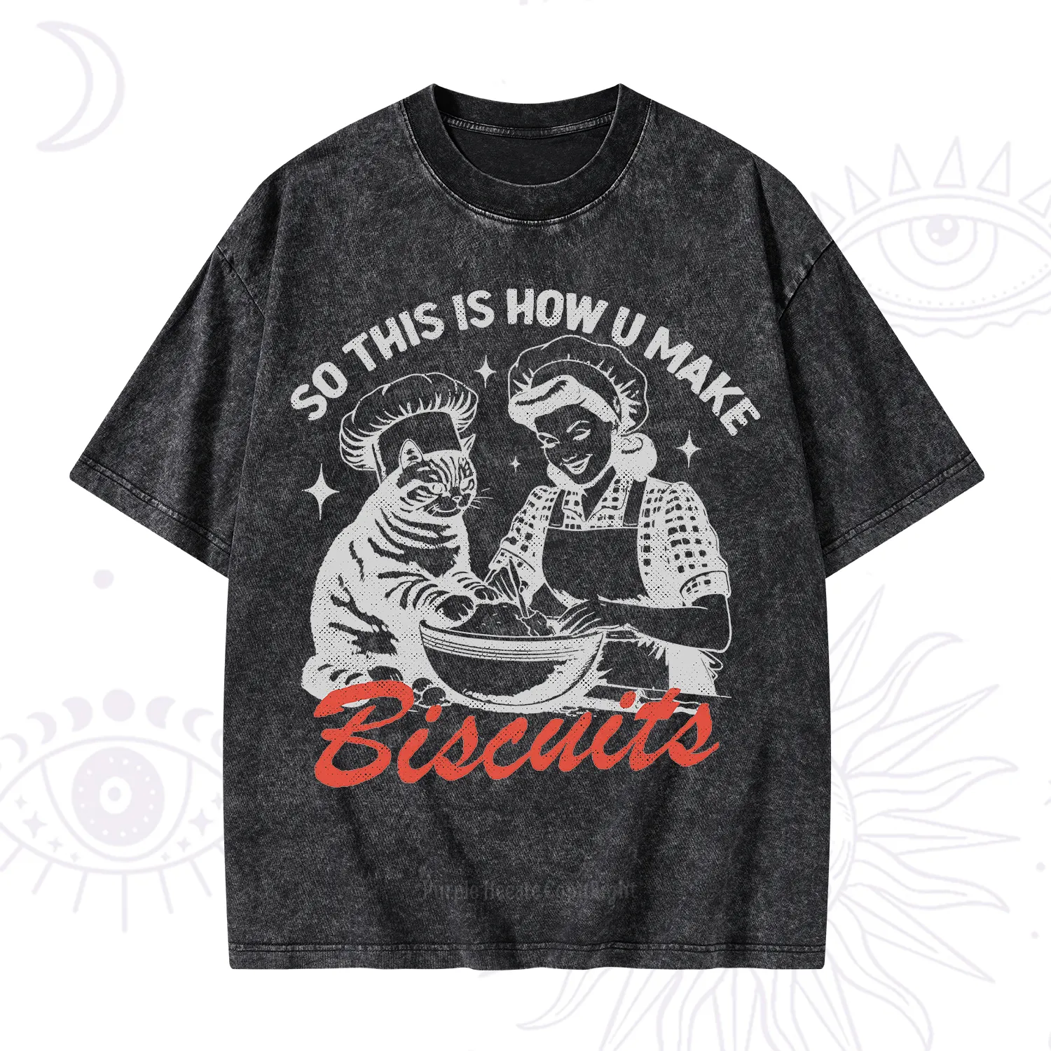 Purplehecate Funny Cat Baking Biscuits Washed T-Shirt