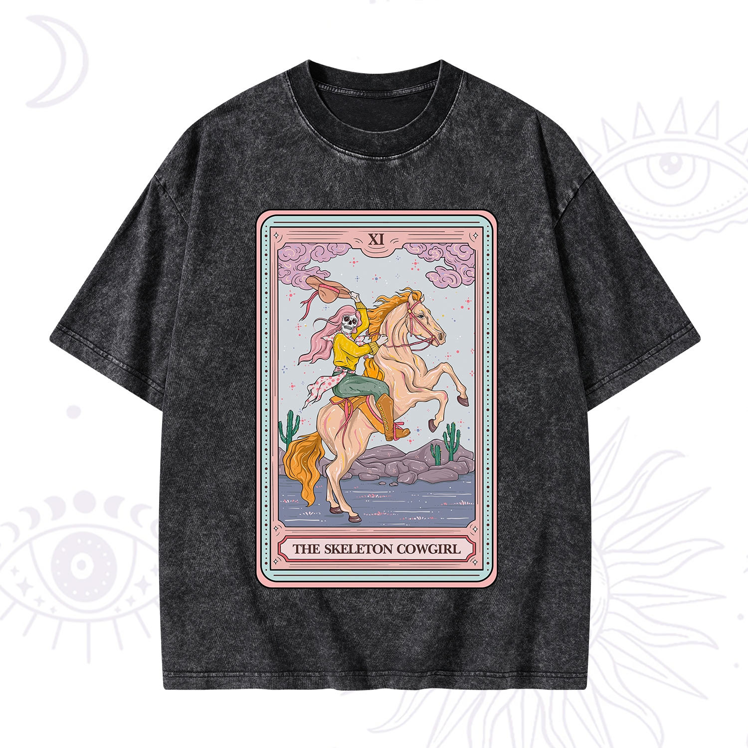 Purplehecate The Skeleton Cowgirl Tarot Card Washed T-Shirt