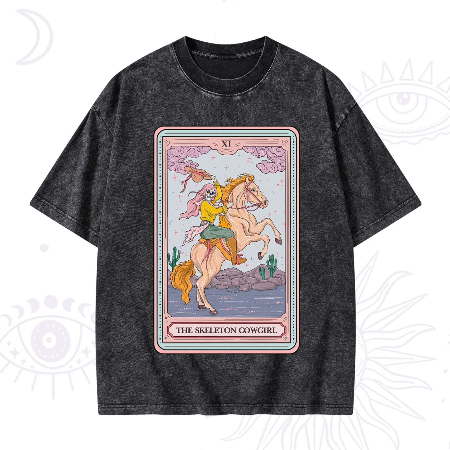 Purplehecate The Skeleton Cowgirl Tarot Card Washed T-Shirt