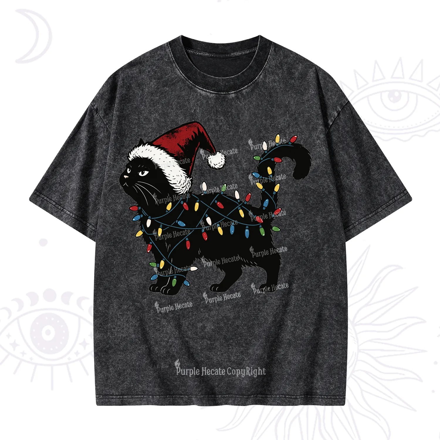 Purplehecate Cute Cat Christmas Washed T-Shirt