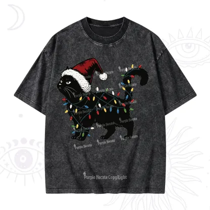 Purplehecate Cute Cat Christmas Washed T-Shirt