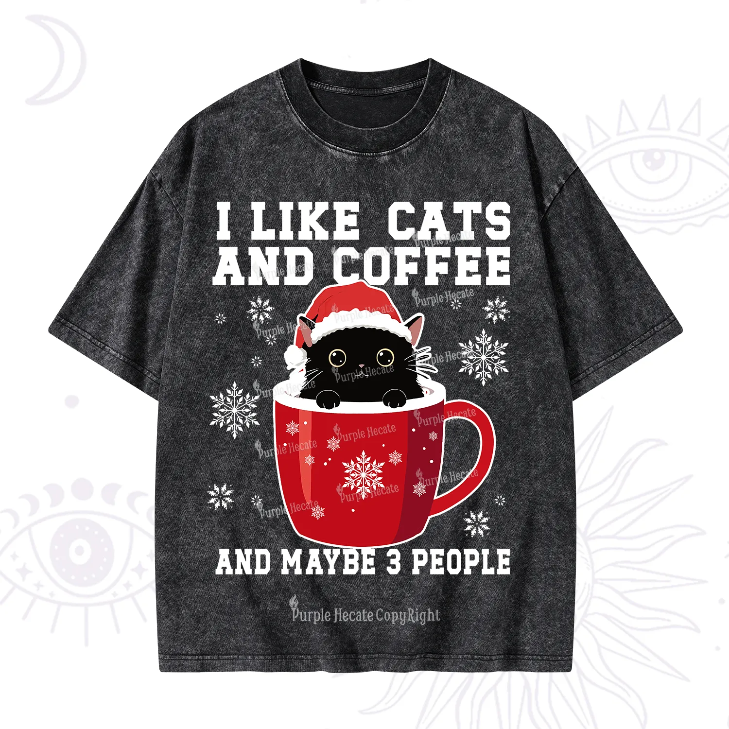 Purplehecate I like Cats And Coffee Christmas Washed T-Shirt