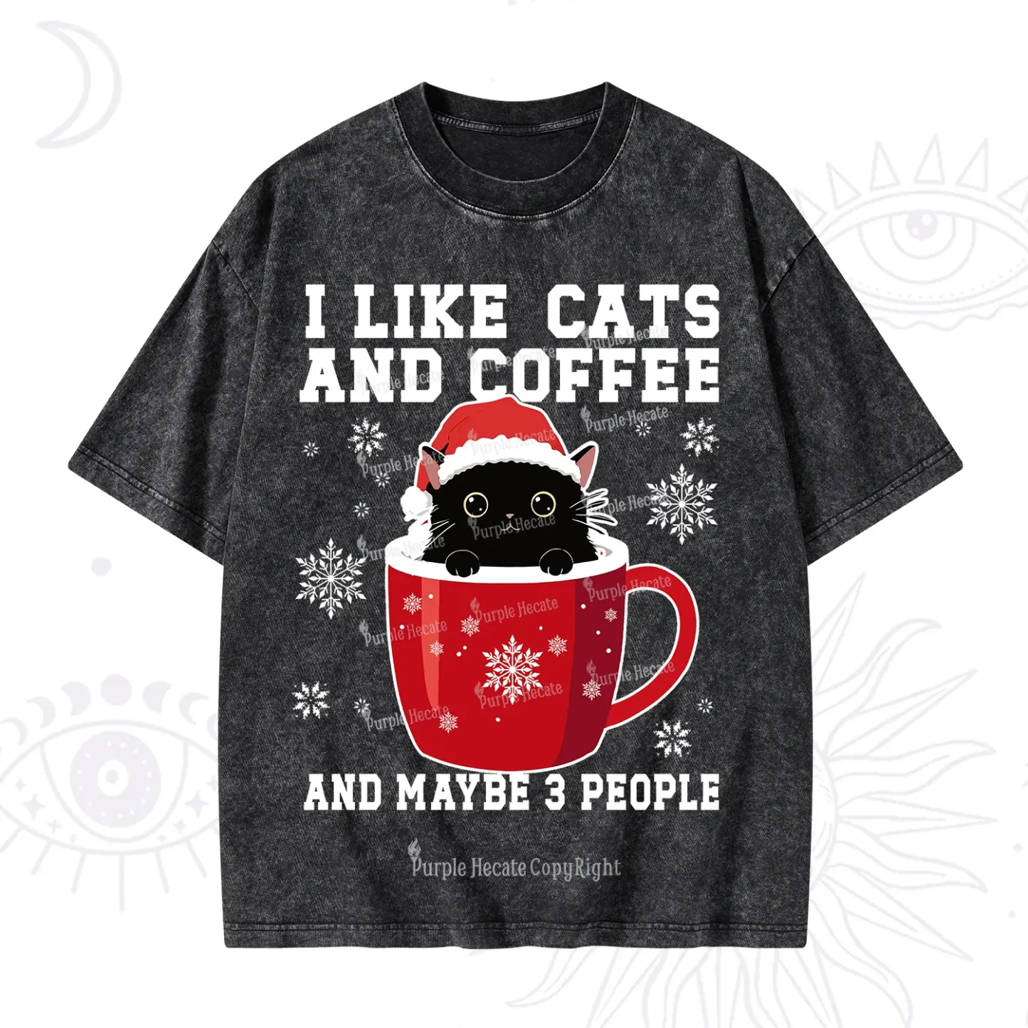 Purplehecate I like Cats And Coffee Christmas Washed T-Shirt