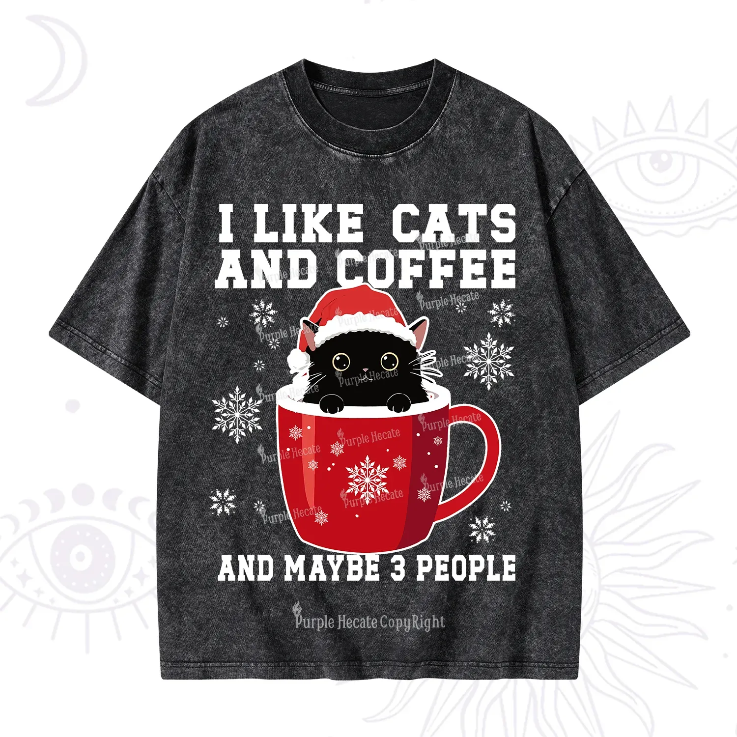 Purplehecate I like Cats And Coffee Christmas Washed T-Shirt