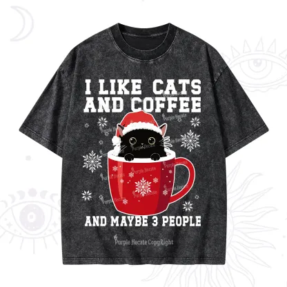 Purplehecate I like Cats And Coffee Christmas Washed T-Shirt