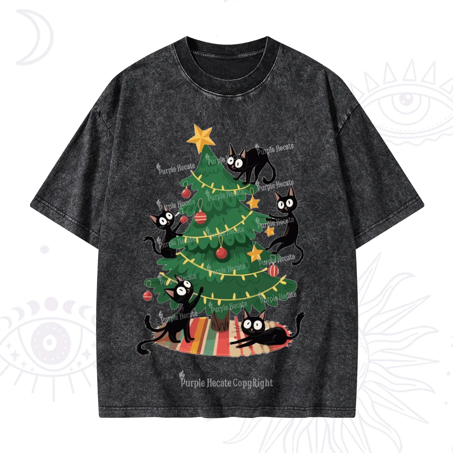 Purplehecate Black Cat in Tree Christmas Washed T-Shirt