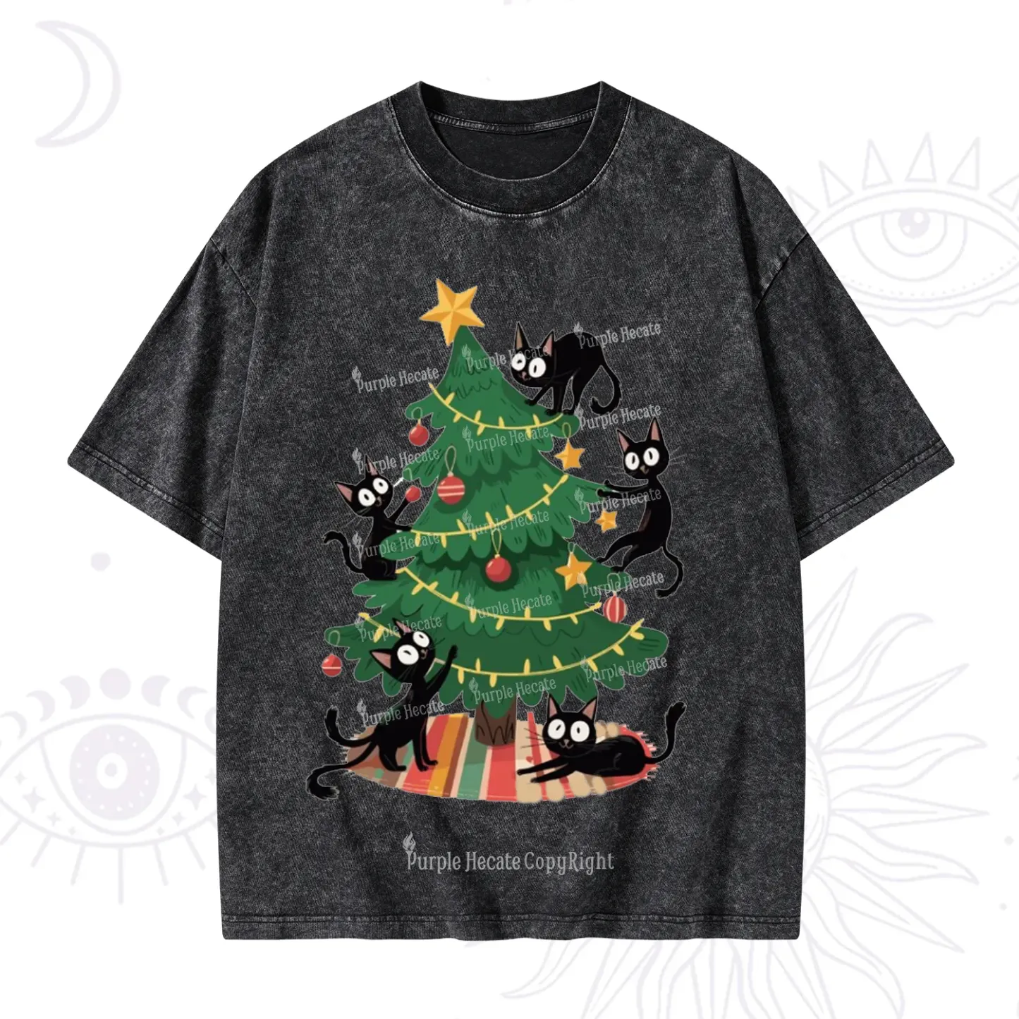 Purplehecate Black Cat in Tree Christmas Washed T-Shirt