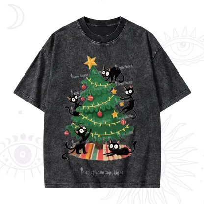 Purplehecate Black Cat in Tree Christmas Washed T-Shirt