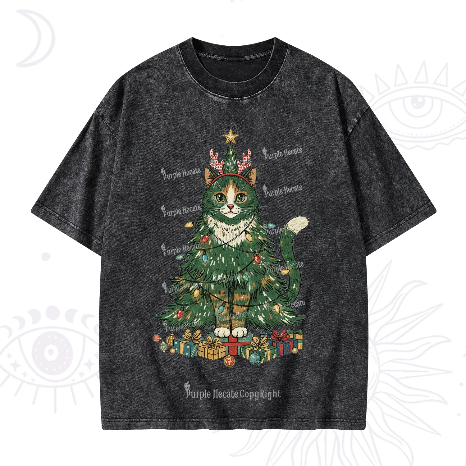 Purplehecate Cute Cats Christmas Tree Washed T-Shirt
