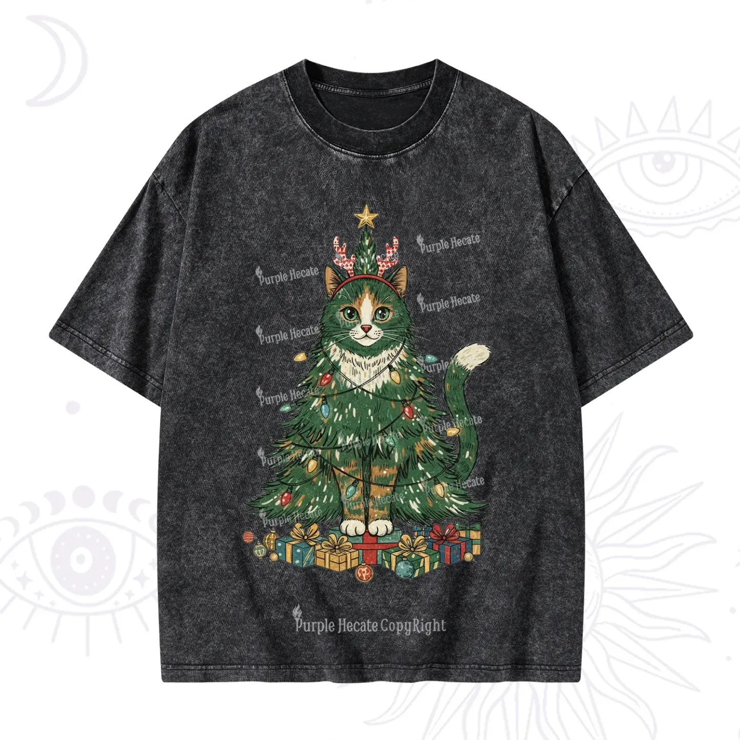 Purplehecate Cute Cats Christmas Tree Washed T-Shirt
