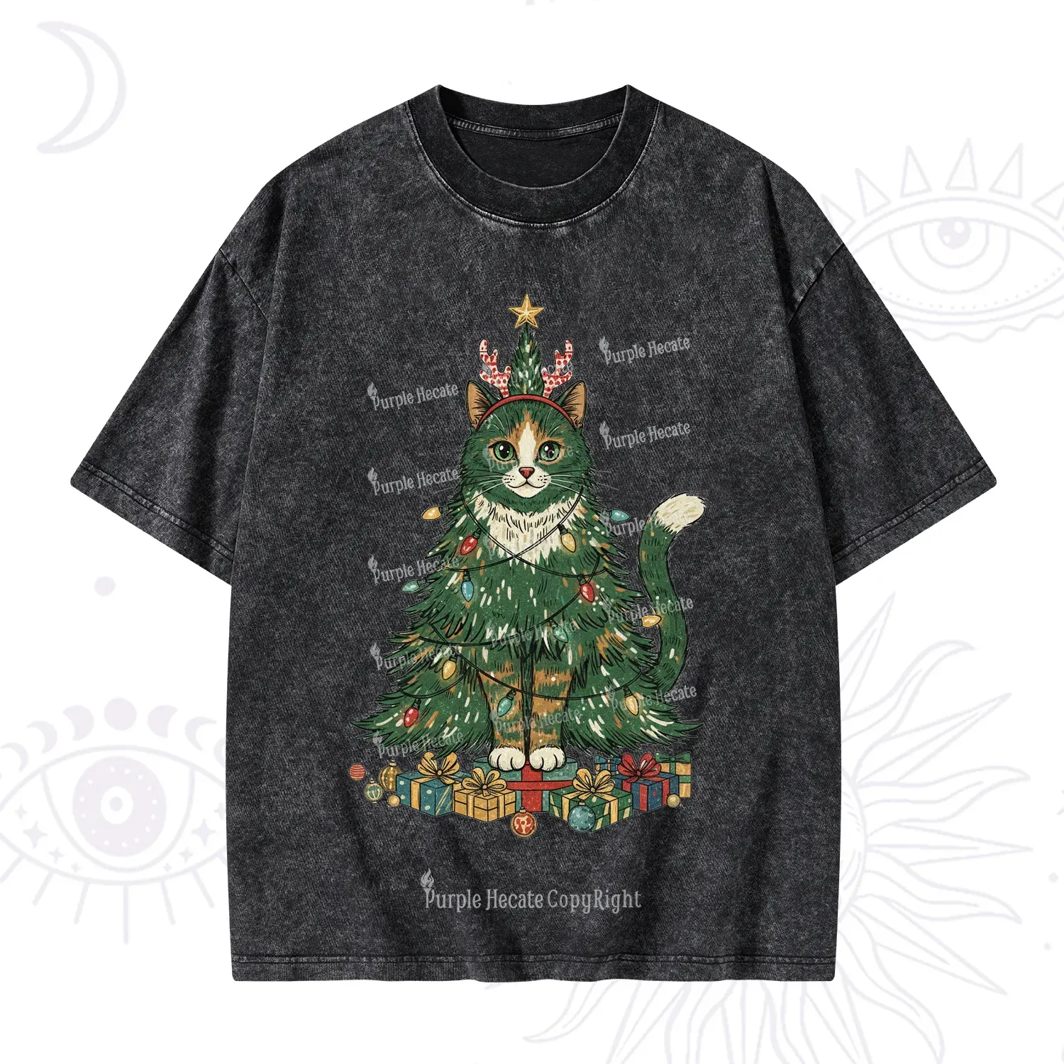 Purplehecate Cute Cats Christmas Tree Washed T-Shirt