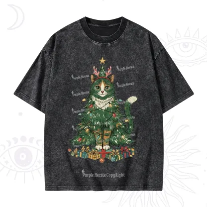 Purplehecate Cute Cats Christmas Tree Washed T-Shirt
