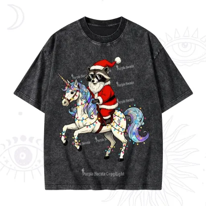 Purplehecate Santa Raccoon Riding Unicorn Tee Christmas Washed T-Shirt