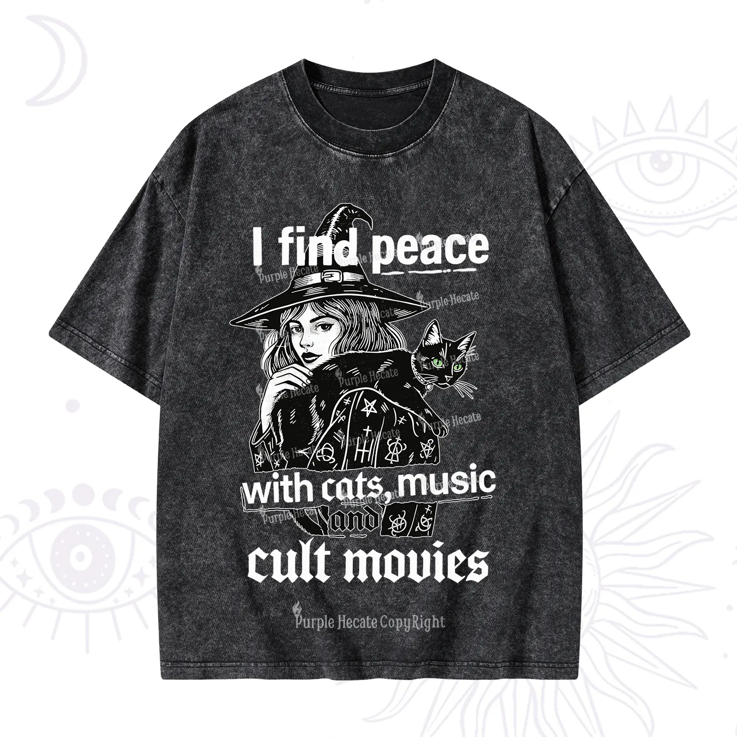 Purplehecate I Find Peace With Cats Music Cult Movies Washed T-Shirt