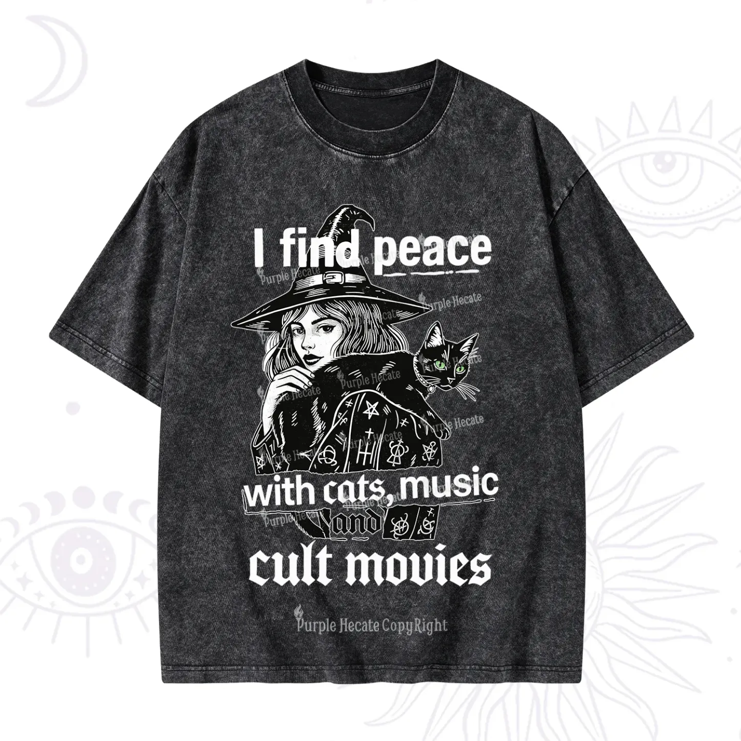Purplehecate I Find Peace With Cats Music Cult Movies Washed T-Shirt