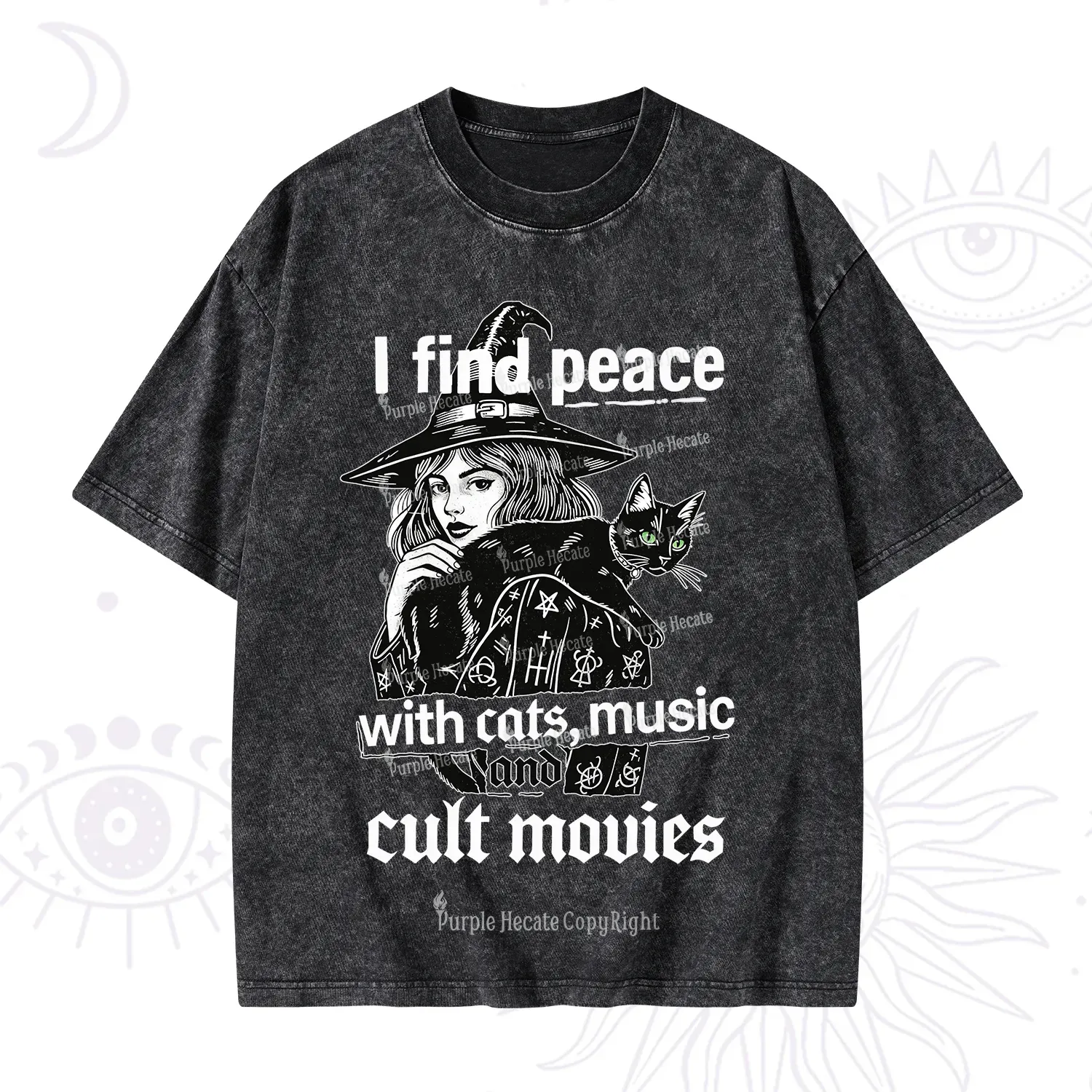Purplehecate I Find Peace With Cats Music Cult Movies Washed T-Shirt