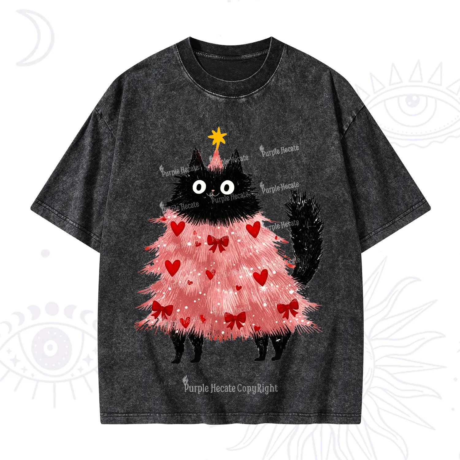 Purplehecate Funny Black Cat in Tree Valentine Washed T-Shirt