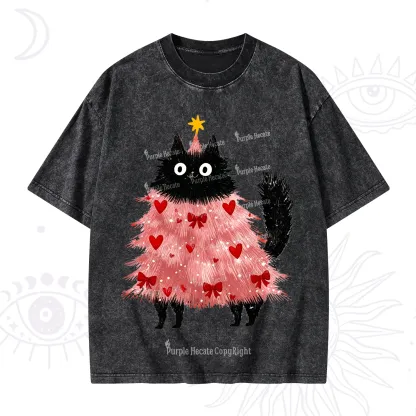 Purplehecate Funny Black Cat in Tree Valentine Washed T-Shirt