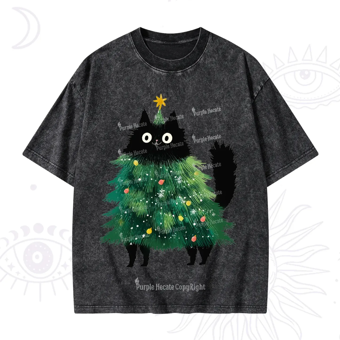 Purplehecate Black Cats Christmas Tree Christmas Washed T-Shirt