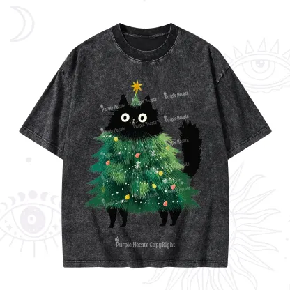 Purplehecate Black Cats Christmas Tree Christmas Washed T-Shirt