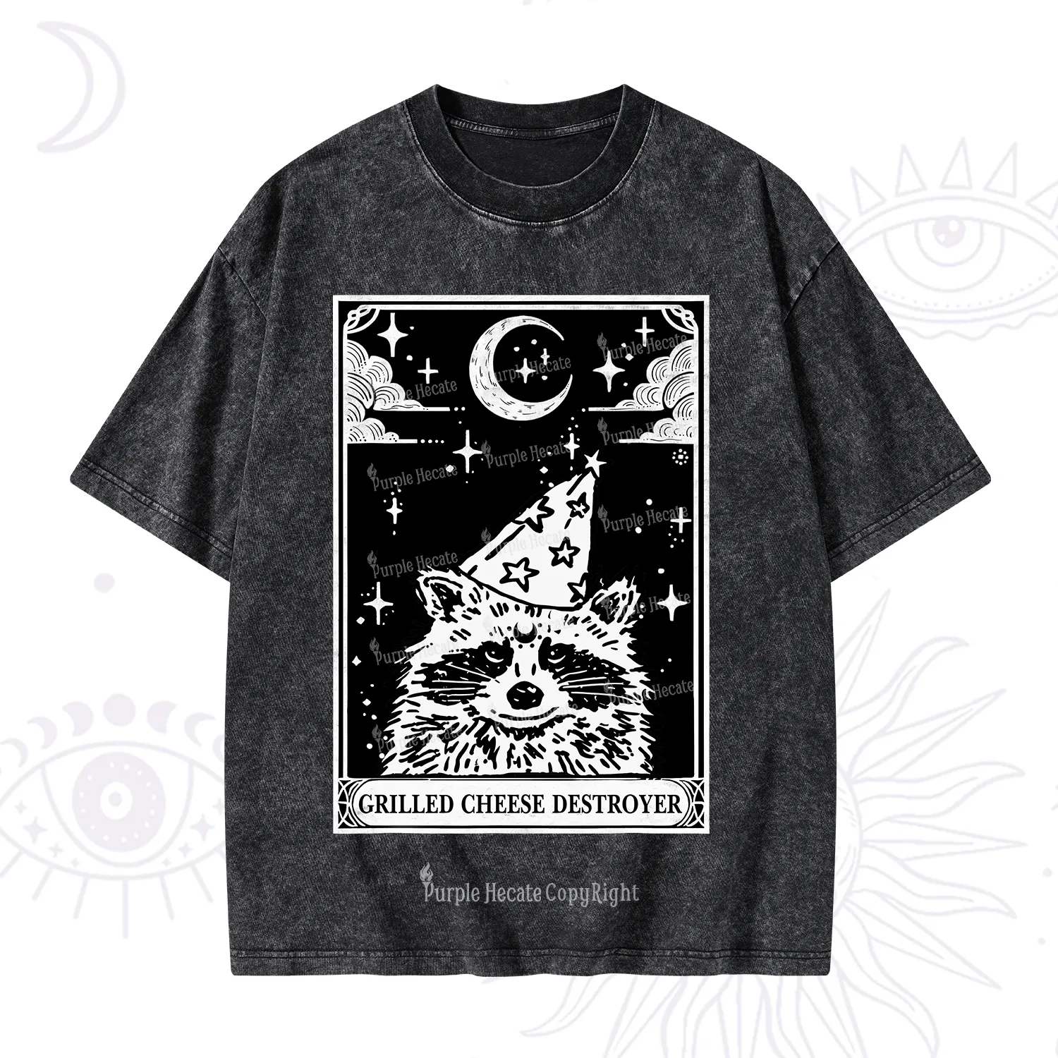 Purplehecate The Grilled Cheese Destroyer Tarot Raccoon Washed T-Shirt