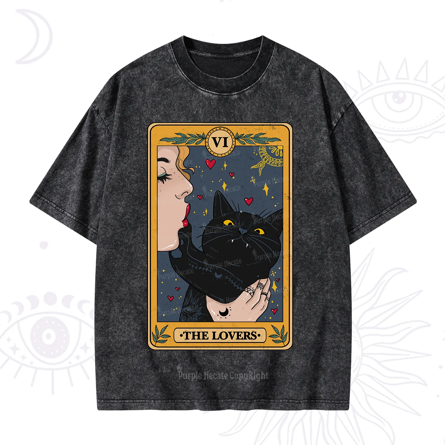 Purplehecate The Lovers Cat Tarot Washed T-Shirt
