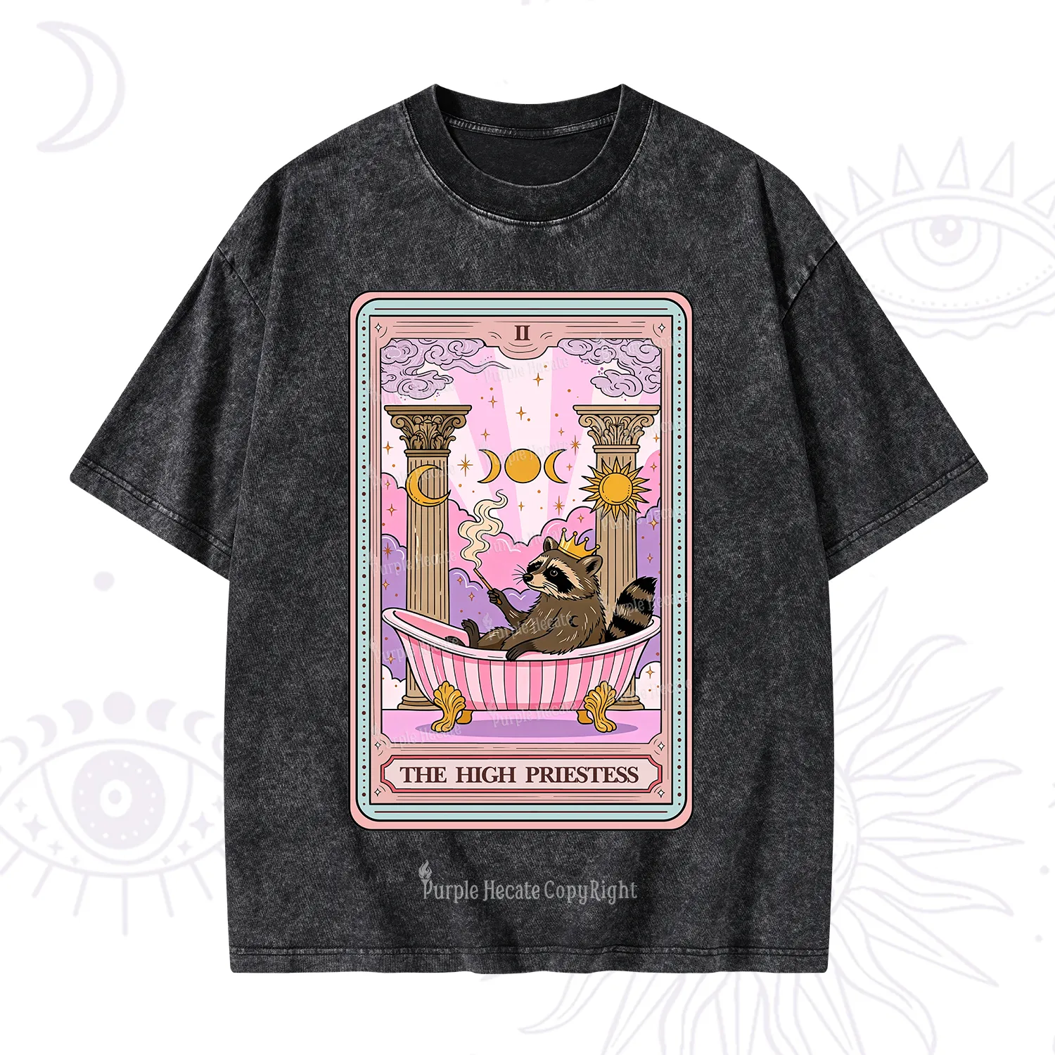 Purplehecate The High Priestess Raccoon Tarot Washed T-Shirt