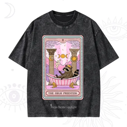 Purplehecate The High Priestess Raccoon Tarot Washed T-Shirt