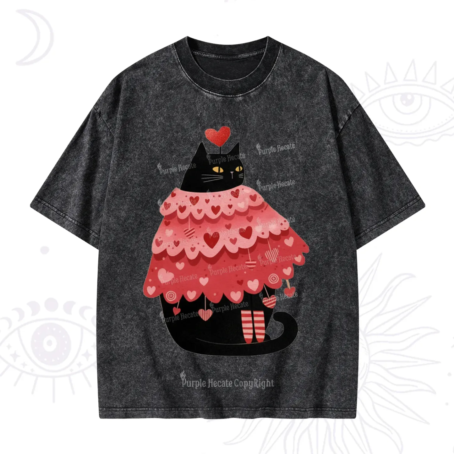 Purplehecate Funny Black Cat in Heart Dress Valentine Washed T-Shirt