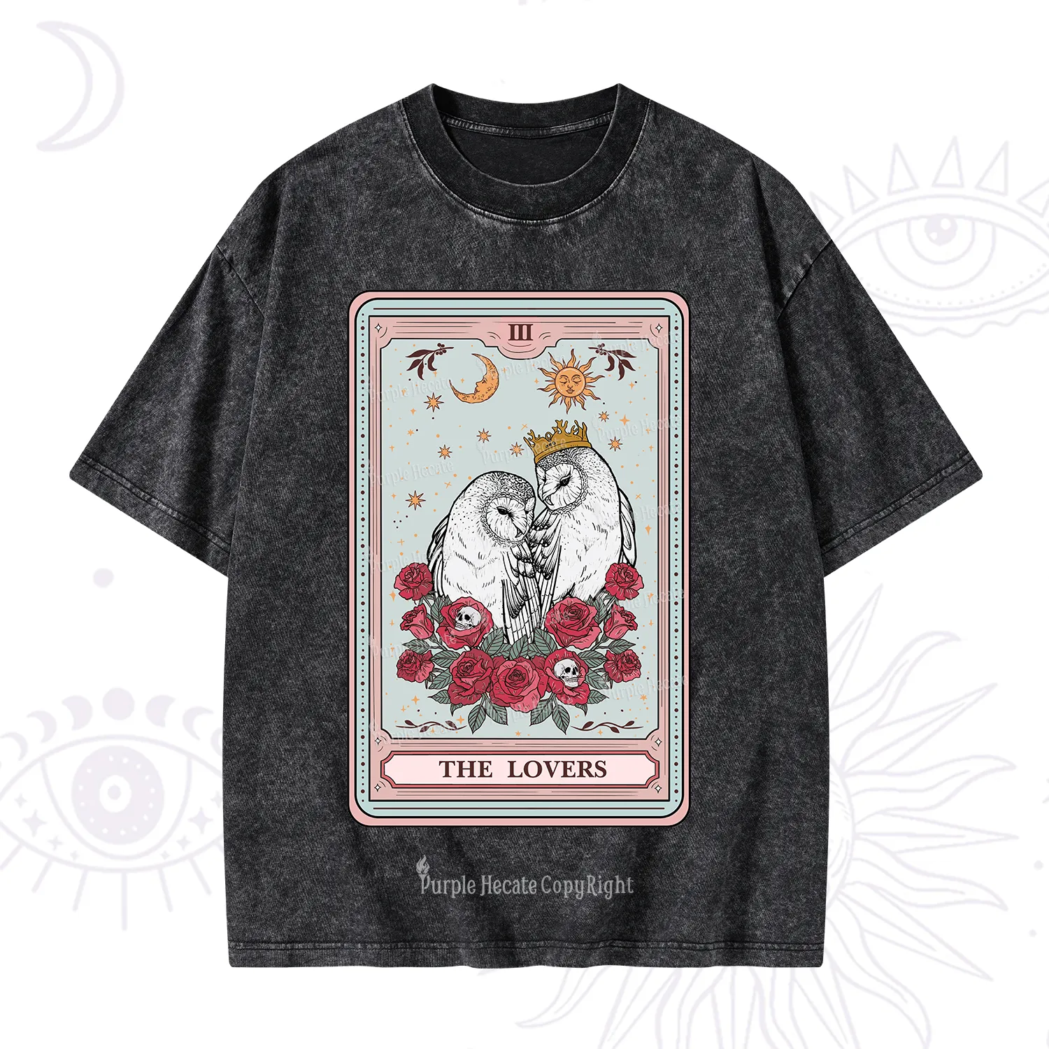 Purplehecate The Lovers Owls Tarot Card Washed T-Shirt