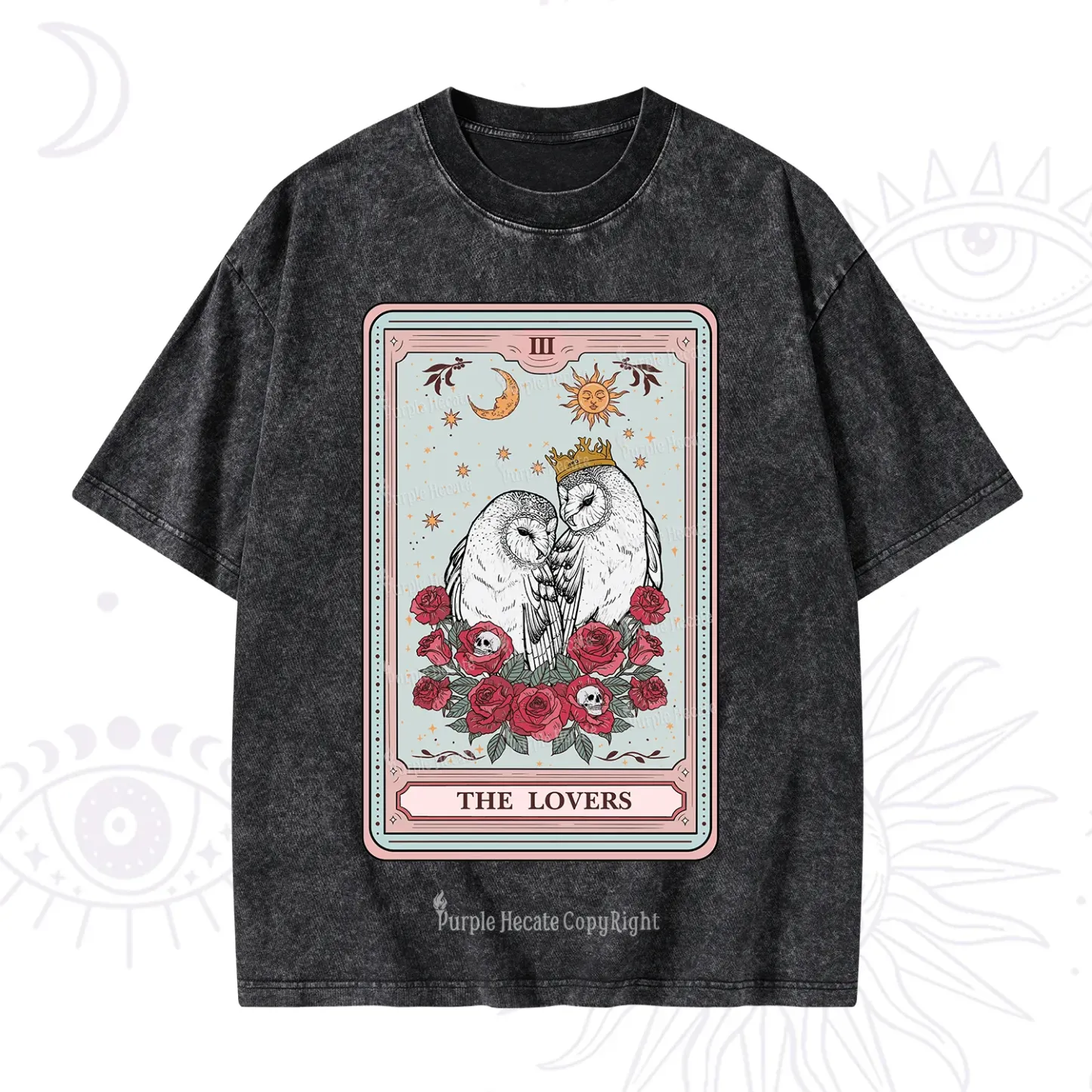 Purplehecate The Lovers Owls Tarot Card Washed T-Shirt
