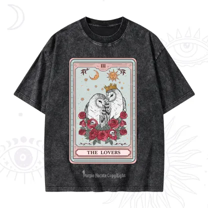 Purplehecate The Lovers Owls Tarot Card Washed T-Shirt