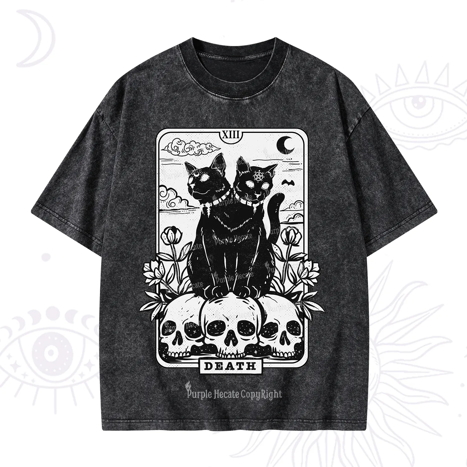 Purplehecate The Black Cat Death Tarot Card Washed T-Shirt