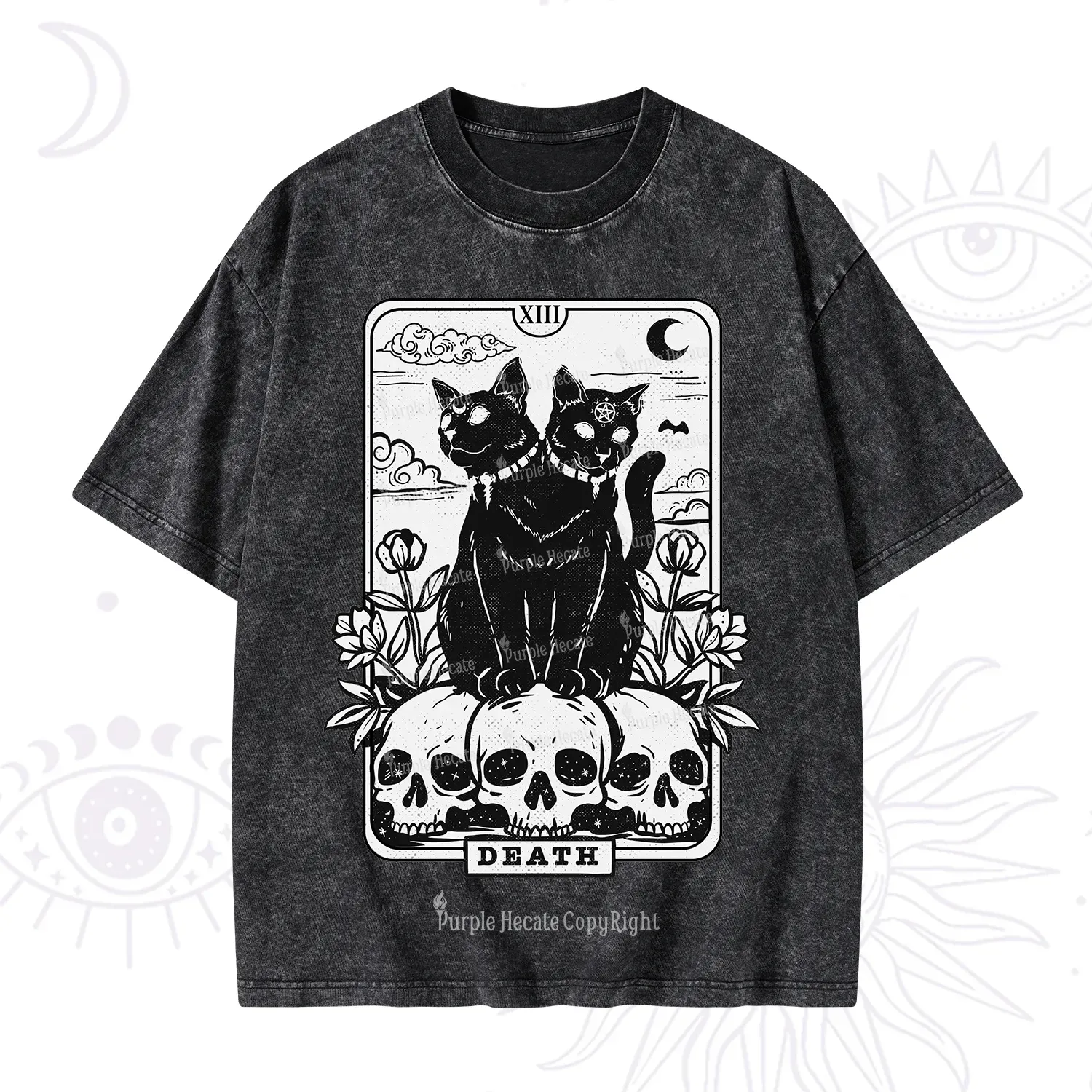 Purplehecate The Black Cat Death Tarot Card Washed T-Shirt