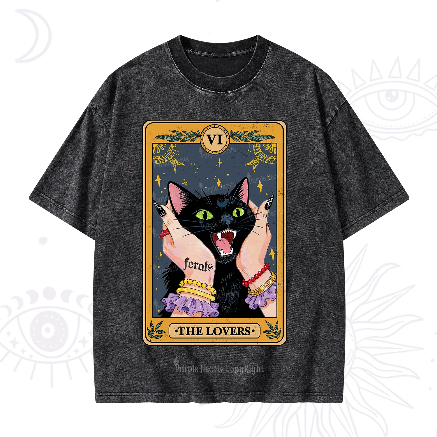 Purplehecate The Lovers Tarot Feral Cat Washed T-Shirt