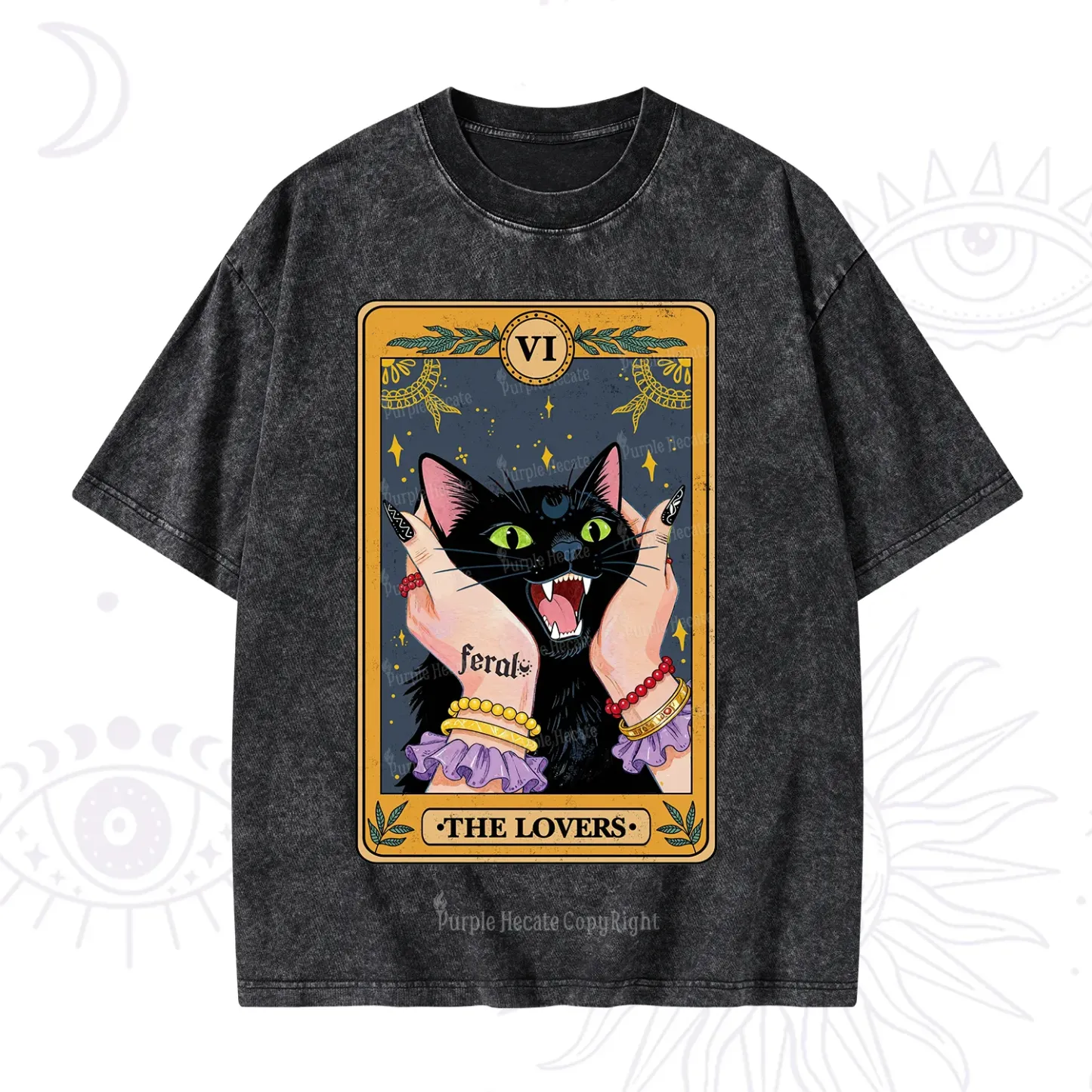 Purplehecate The Lovers Tarot Feral Cat Washed T-Shirt