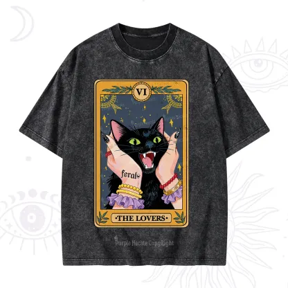 Purplehecate The Lovers Tarot Feral Cat Washed T-Shirt