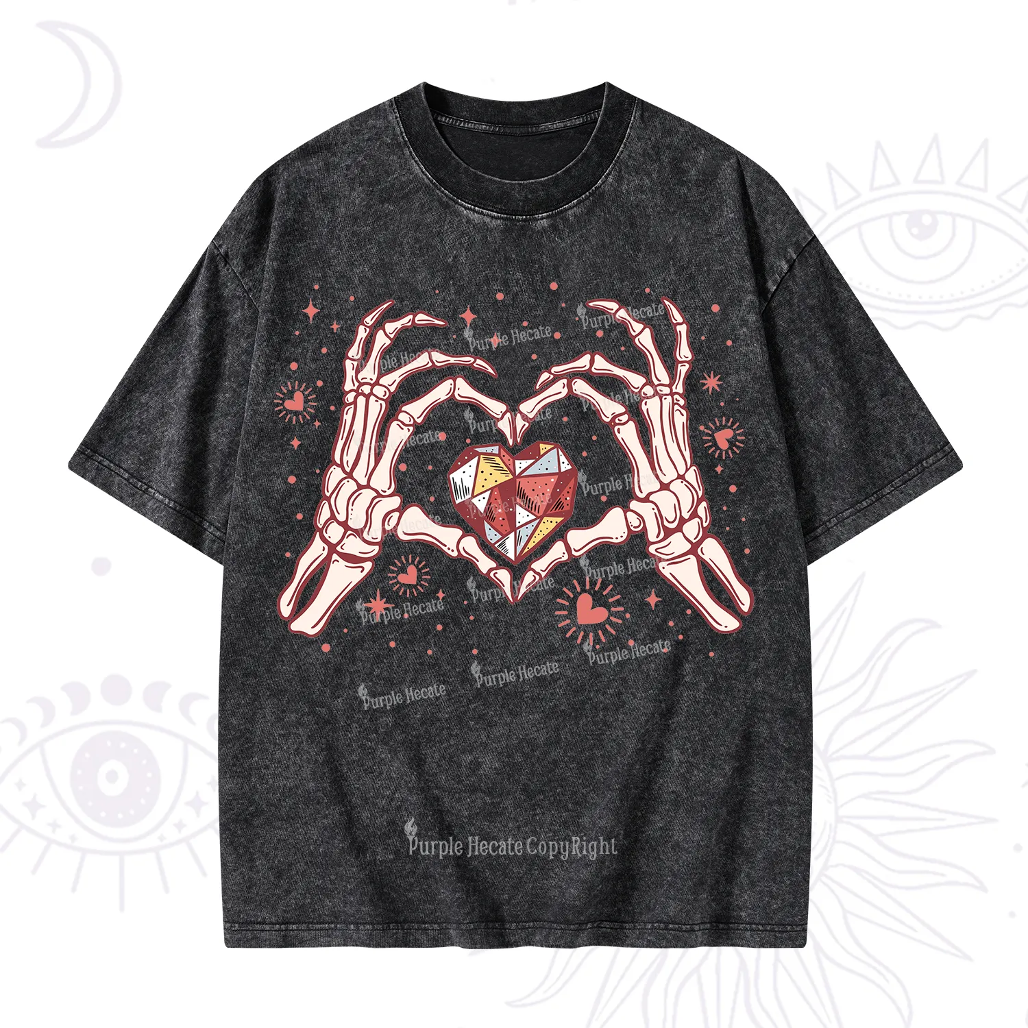Purplehecate Skeleton Love Hands Valentine Washed T-Shirt