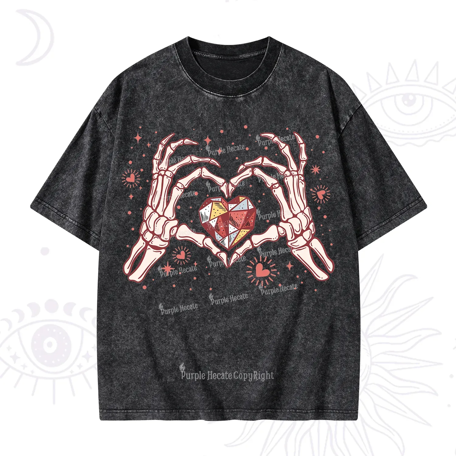 Purplehecate Skeleton Love Hands Valentine Washed T-Shirt