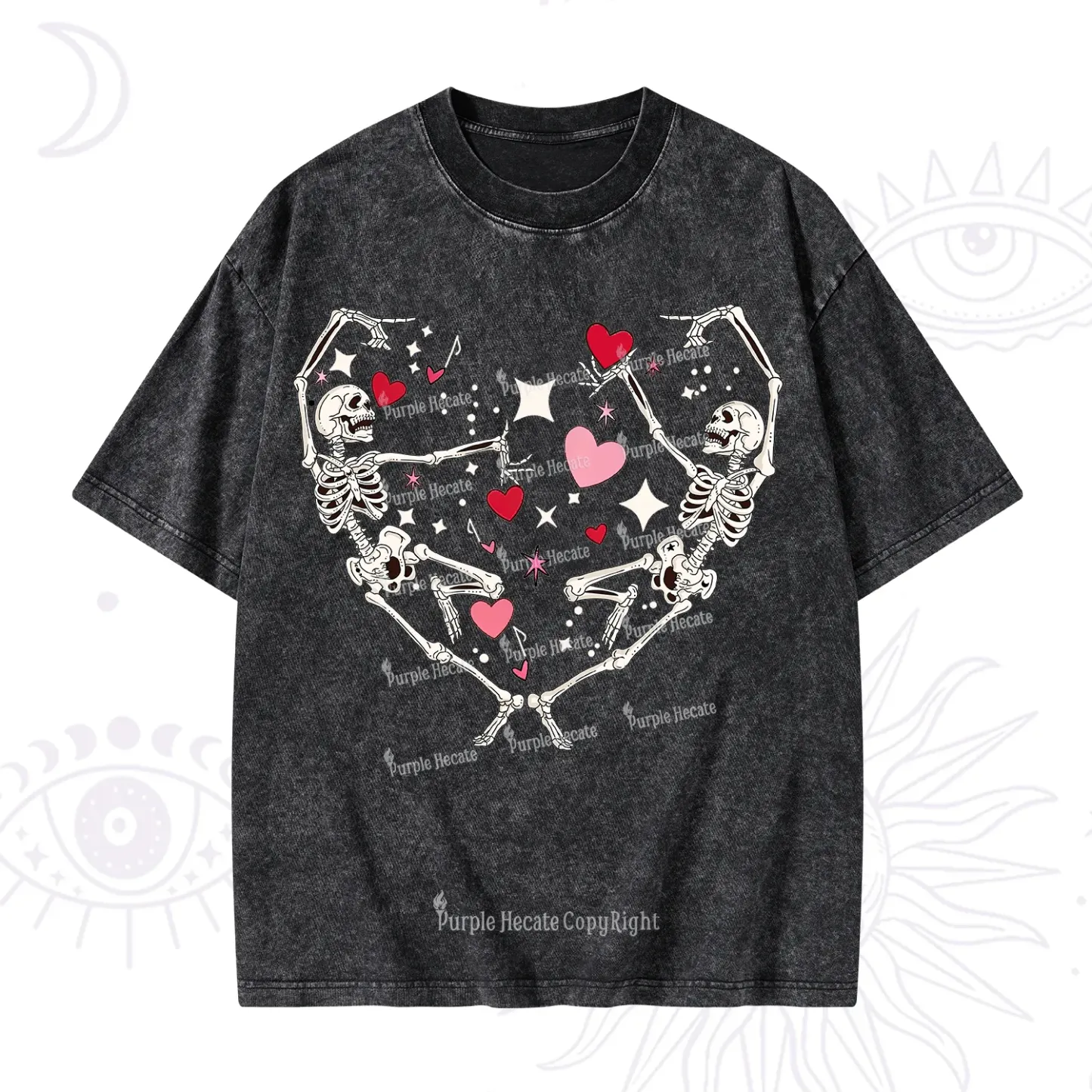 Purplehecate Skeleton Heart Lovers Valentine Washed T-Shirt