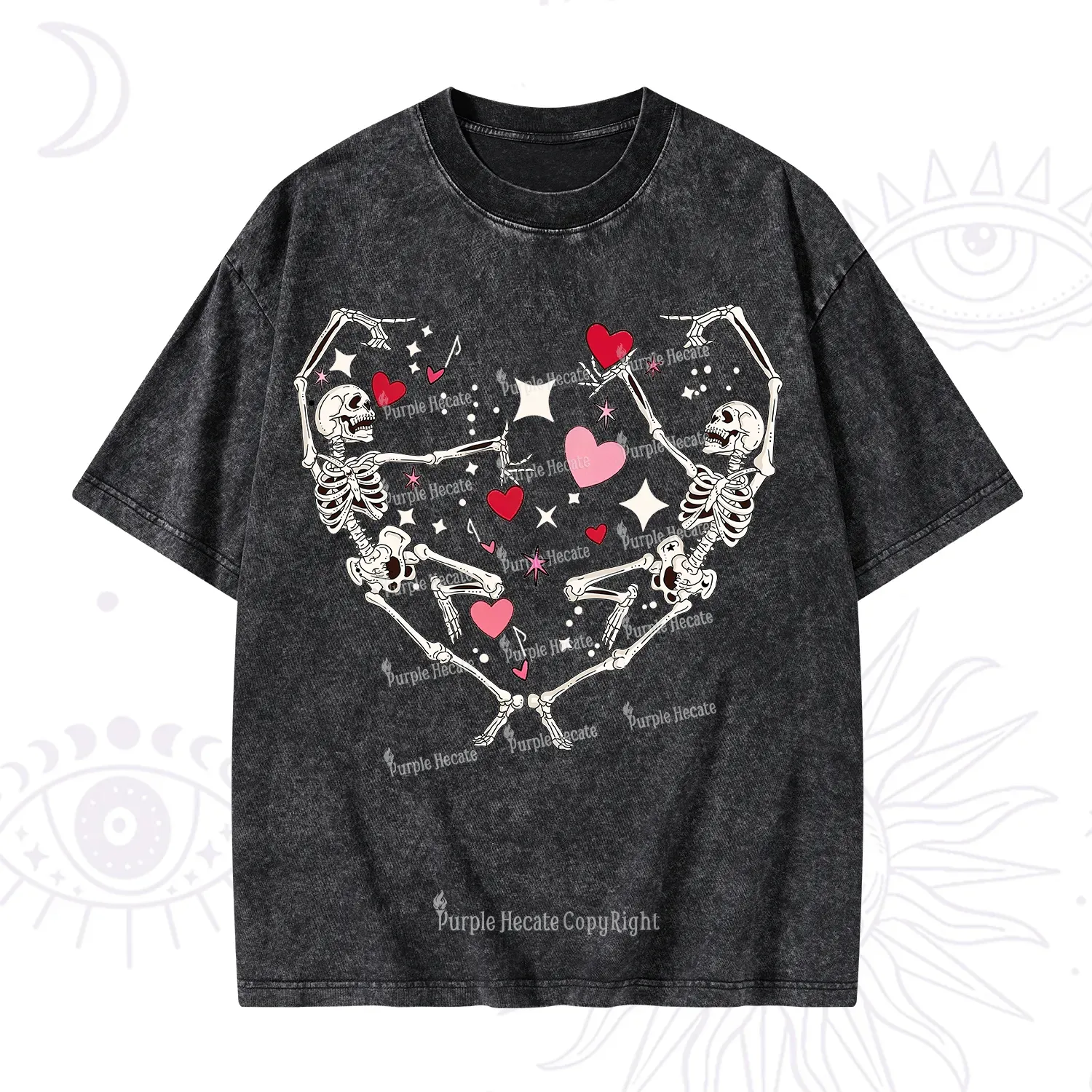 Purplehecate Skeleton Heart Lovers Valentine Washed T-Shirt