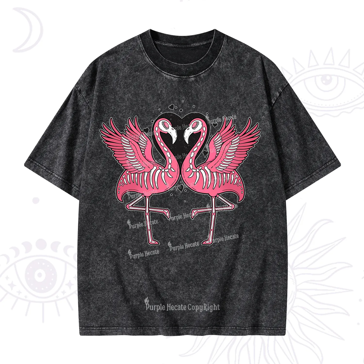 Purplehecate Witchy Pink Flamingo Skull Valentine Washed T-Shirt