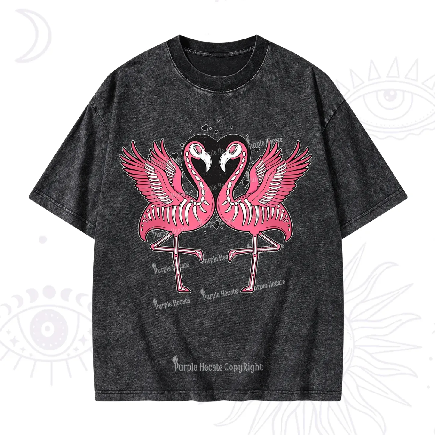 Purplehecate Witchy Pink Flamingo Skull Valentine Washed T-Shirt